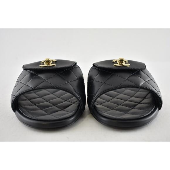 Chanel REV Black Turnlock Quilted Gold CC Logo Mules Slide Sandal Flop Flat 35 - Picture 6 of 12
